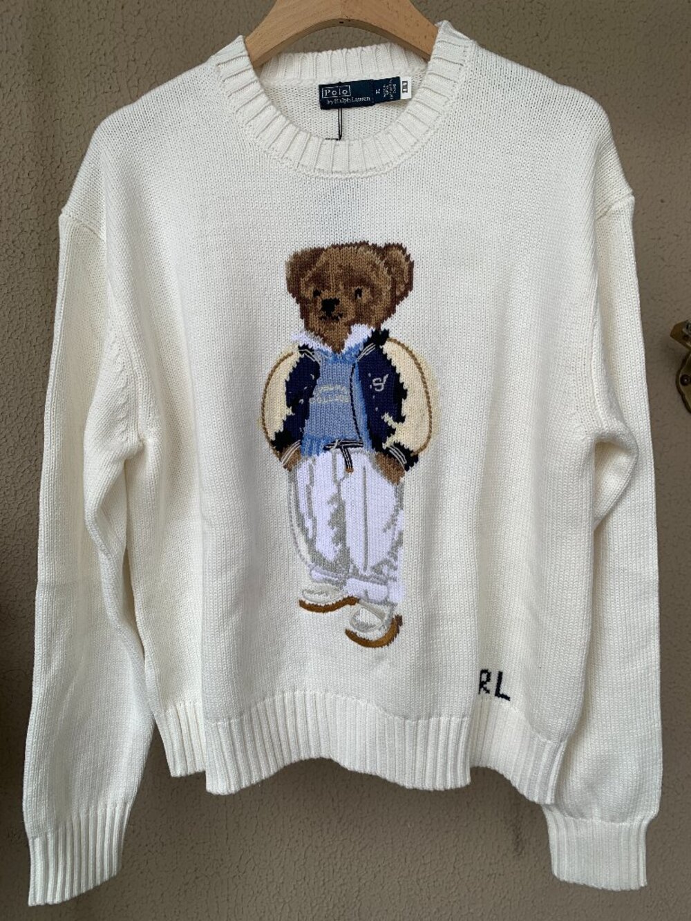 Polo Ralph Lauren Varsity Polo Bear Knit Sweater Cream White Size M